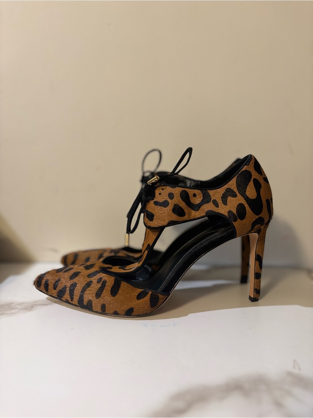 B Brian Atwood Leopard-Print Pointed Toe Heels with Black Laces